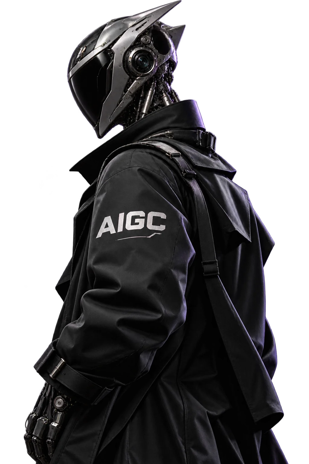 银灰金属头盔与精密机械颈肩，近侧上臂黑色衣袖印有清晰 AIGC 字样的未来影像创作者
